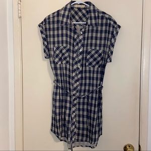 Collared blue & cream plaid dress, cuffed sleeves